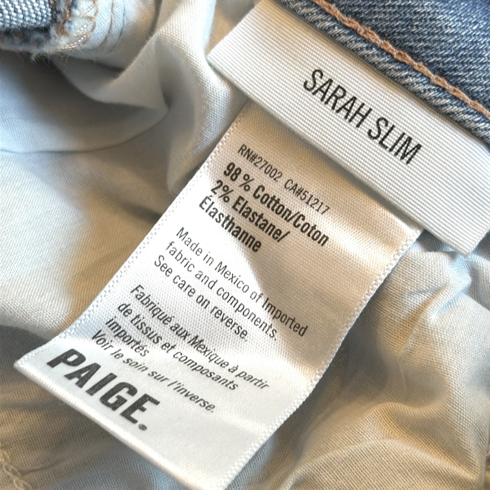 Paige Sarah Slim High Rise Mako Distressed Jeans Size 31 Light Wash - Picture 12 of 14